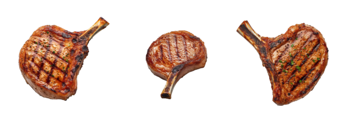 A collection of grilled pork chops, highlighting barbecue concepts and perfect for Father's Day, isolated on a transparent background