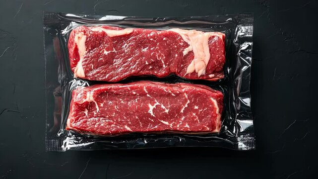 Freezer beefsteak in packaging on black background. Raw beef steak vacuum sealed bag for sell. Beef rib eye steak plastic pack. top view. Video