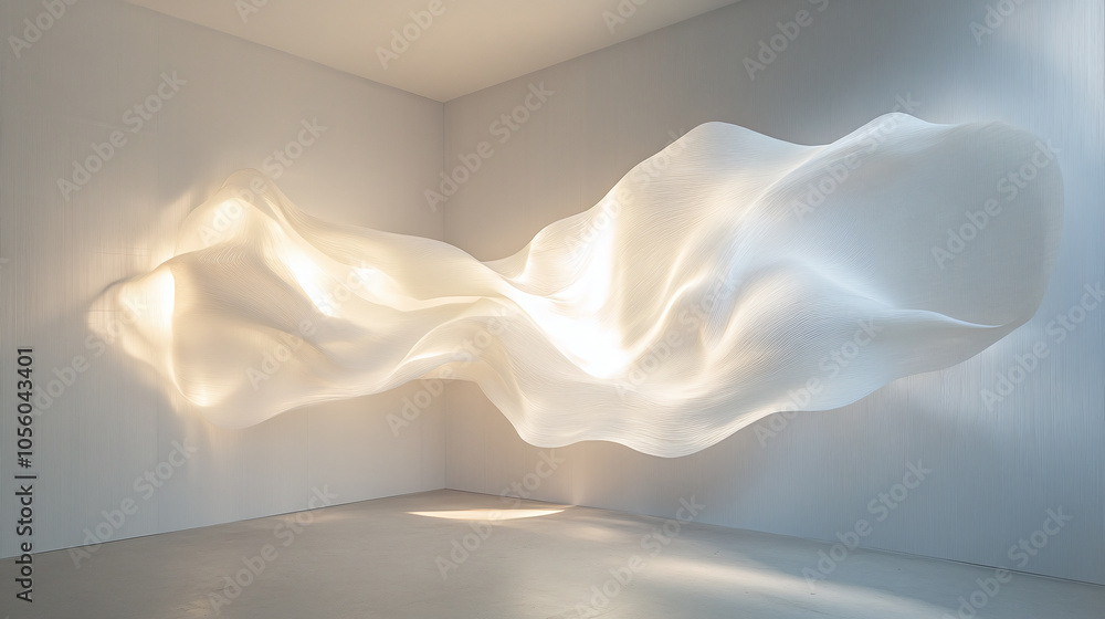 Poster a unique sculpture of flowing fabric illuminated by soft light in a minimalist gallery space