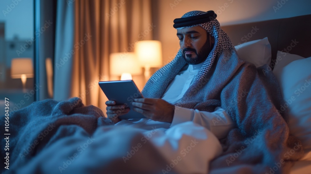 Aufkleber a man in traditional attire sits comfortably in bed, engrossed in reading a tablet. soft lighting an