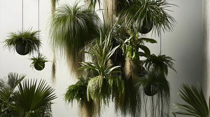 A close-up shot of various hanging plants in a modern interior space.