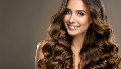 Beauty brunette girl with long shiny curly hair . Beautiful smiling woman model wavy hairstyle .