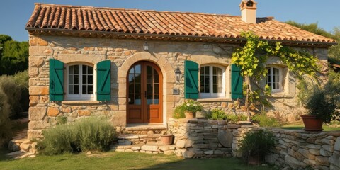 Fototapeta premium Rustic stone cottage, sun-drenched facade, vibrant green shutters, arched wooden door, terracotta roof tiles, climbing ivy, potted plants, Mediterranean style, warm evening light, charming countryside