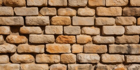 Obraz premium Ancient stone wall, weathered sandstone blocks, textured masonry, warm golden tones, irregular patterns, rustic architecture, historic fortress, sunlit surface, rough-hewn stonework, archaeological de