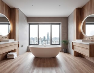 Modern bathroom with a freestanding tub and city skyline view in daylight