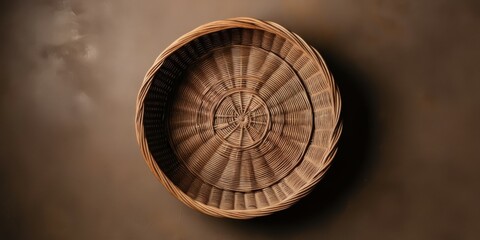 Fototapeta premium Woven basket, circular shape, natural fibers, rustic texture, earthy tones, warm lighting, dramatic shadows, minimalist composition, overhead view, artisanal craftsmanship, neutral background, shallow