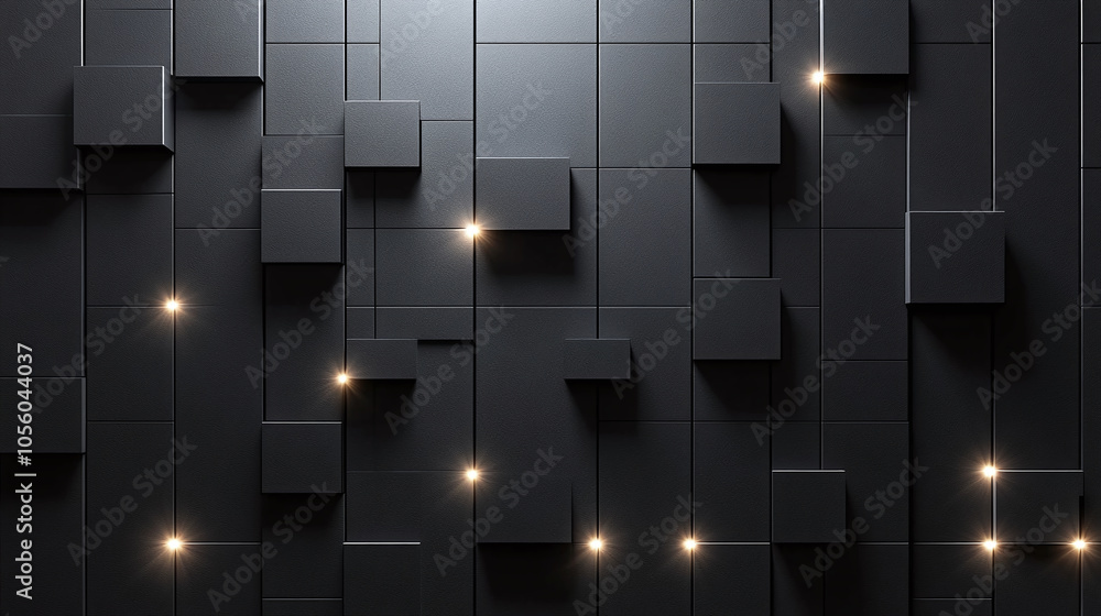 Poster exploring abstract design with illuminated squares against a textured dark wall backdrop