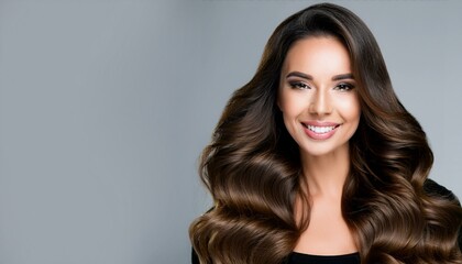 Fototapeta premium Beauty brunette girl with long shiny curly hair . Beautiful smiling woman model wavy hairstyle .