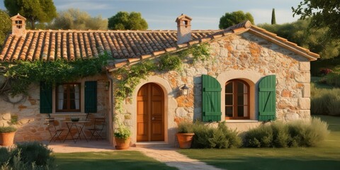 Obraz premium Rustic stone cottage, sun-drenched facade, vibrant green shutters, arched wooden door, terracotta roof tiles, climbing ivy, potted plants, Mediterranean style, warm evening light, charming countryside