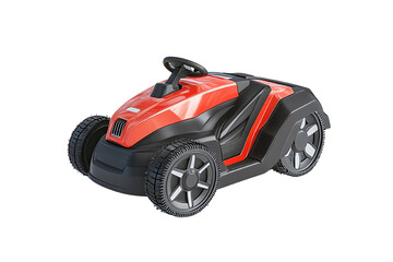 Fototapeta premium Red toy car with black details, designed for children, on a white isolated background.