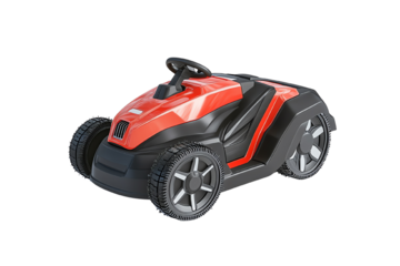 Red toy car with black details, designed for children, on a white isolated background.