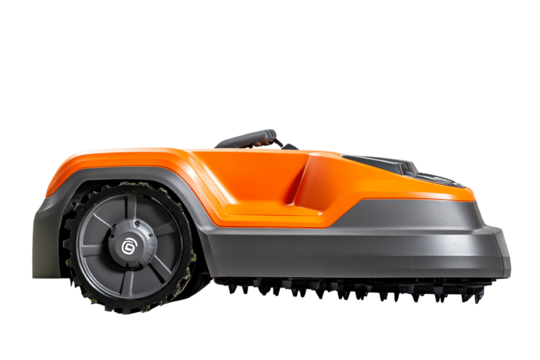 Robot lawn mower on a white isolated background.