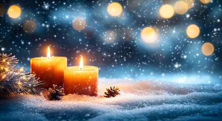 Festive Candles in Snowy Winter Scene with Bokeh Lights