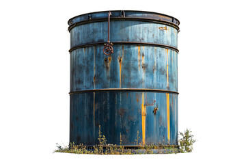 Obraz premium Rusty blue industrial water tank with vegetation, isolated on white background.