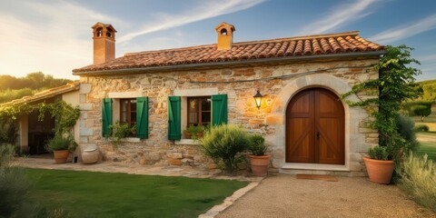 Fototapeta premium Rustic stone cottage, sun-drenched facade, vibrant green shutters, arched wooden door, terracotta roof tiles, climbing ivy, potted plants, Mediterranean style, warm evening light, charming countryside