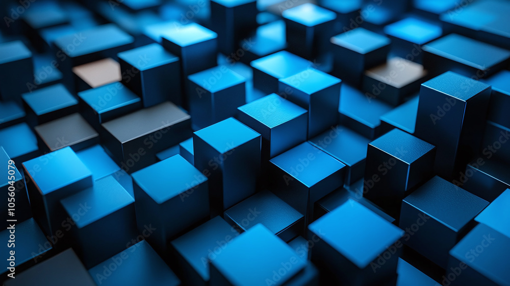 Poster dynamic arrangement of blue cubes creating a textured landscape in an abstract composition