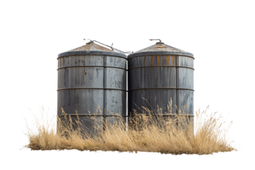 Rusty metal silos surrounded by dry grass on a white isolated background.