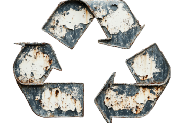 Rusty metal recycling symbol on a white isolated background.