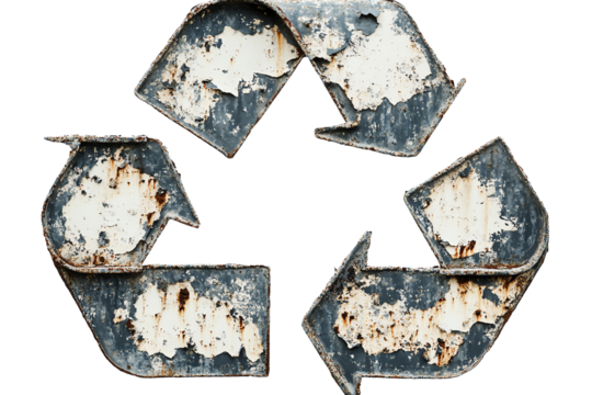 Rusty metal recycling symbol on a white isolated background.