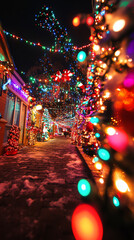 Immerse yourself in a wide-angle view of vibrant festive lights, reimagined in abstract form,
