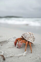 Colorful Hermit Crab Emerging from Shell on Sandy Beach