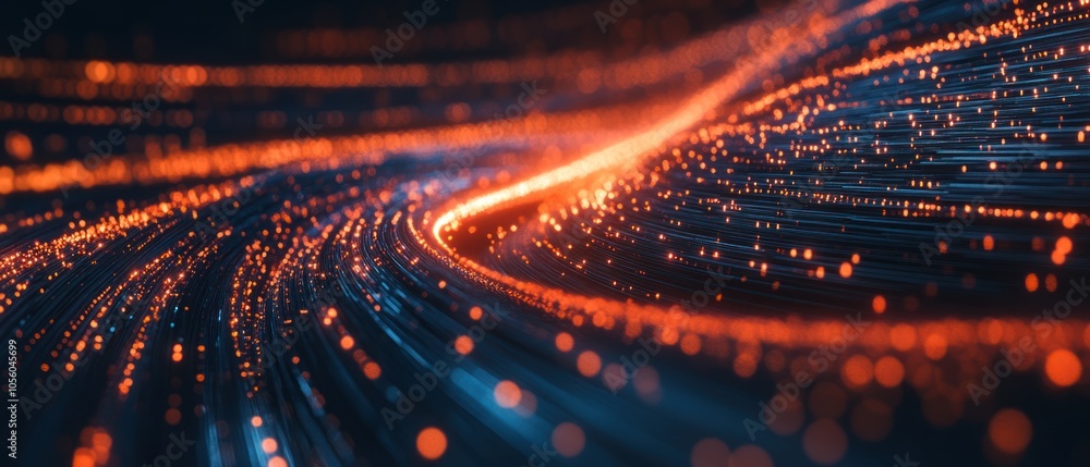 Poster abstract digital illustration of glowing particles flowing in a wavy pattern.