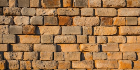 Obraz premium Ancient stone wall, weathered sandstone blocks, textured masonry, warm golden tones, irregular patterns, rustic architecture, historic fortress, sunlit surface, rough-hewn stonework, archaeological de
