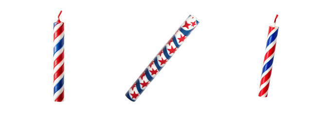 Obraz premium Collection of red, white, and blue striped and star-patterned candles, isolated on a transparent background, perfect for Independence Day celebrations