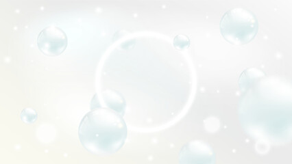 Flying white natural pearl sphere, blur on light pearly ethereal background. Luxury jewelry pearl with white glow ring frame. Vector aura abstract delicate background for beauty science advertisement