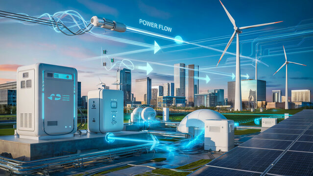 A futuristic clean energy grid connecting hydrogen fuel cells, wind turbines, and solar panels, with digital visualizations of power flow between them.