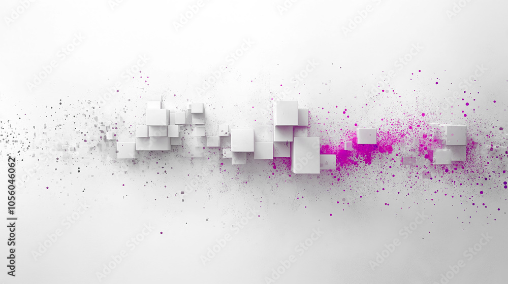 Poster abstract design of floating white cubes and pink splashes creating a vibrant digital art piece