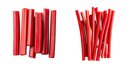 A collection of red licorice candy sticks isolated on a transparent background, symbolizing indulgence and sweetness