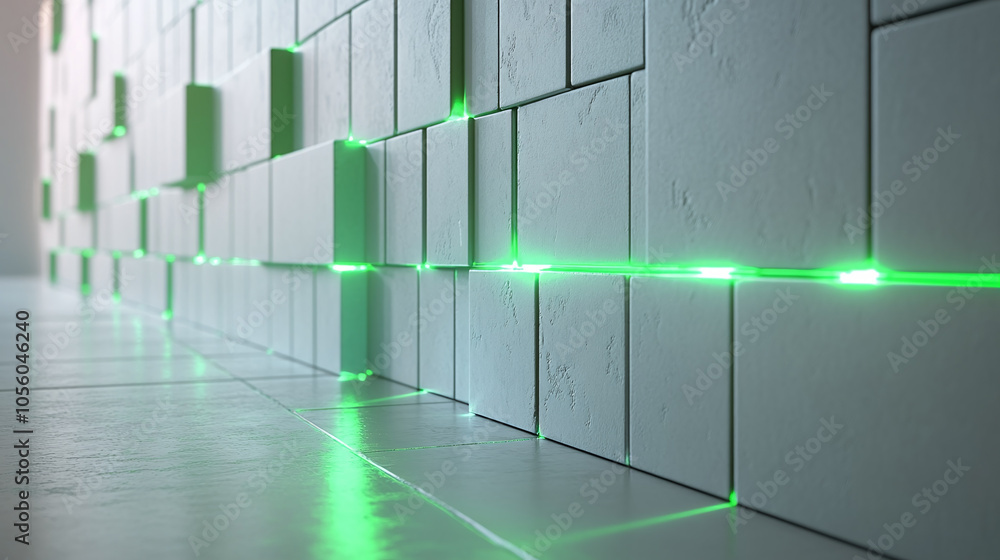 Poster illuminated green lines create a vibrant pattern across a textured wall in a modern interior space