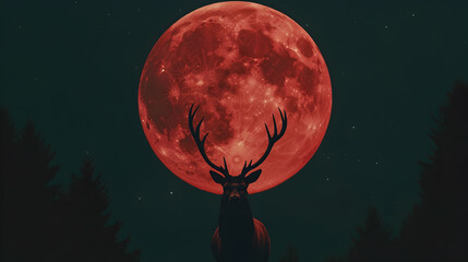 A majestic deer silhouetted against a red moon and starry night sky in a dark forest.