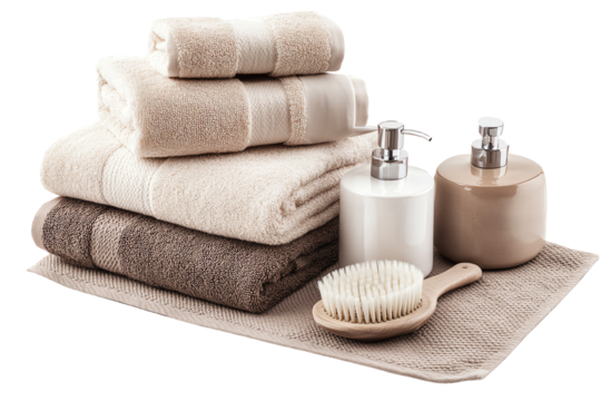 Soft towels and grooming products arranged elegantly on a textured surface, ideal for spa or wellness themes.