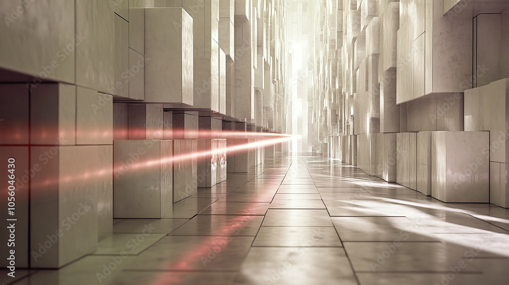 Poster exploring an abstract architectural corridor illuminated by beams of light in a futuristic space