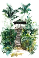 Fototapeta premium Jungle Treehouse with Stairs, Watercolor Illustration French Guiana Armistice Day.