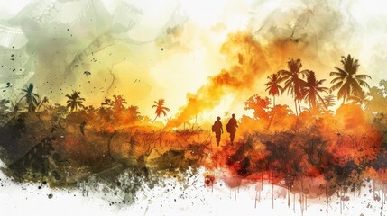 French Guiana Armistice Day. Watercolor of Soldiers in Jungle and Military Vehicle in Sunset