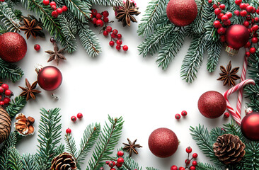 Festive christmas background with pine cones and red ornaments on white