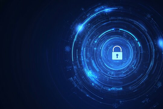 Digital lock icon in blue circular pattern representing cybersecurity concepts in a futuristic design
