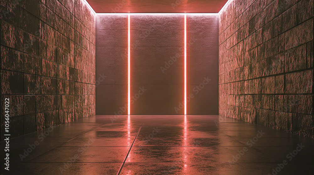 Poster mysterious corridor illuminated by glowing lines in a dimly lit space during twilight hours