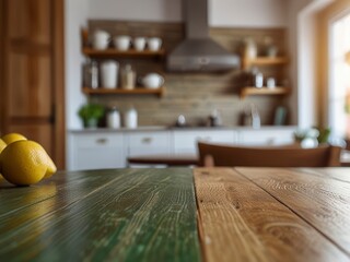 Empty wooden table with the bright white interior of the kitchen as a blurred background behind the bokeh golden sunshine