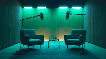 A minimalist podcast studio with two chairs, a small table, and two microphones on stands.