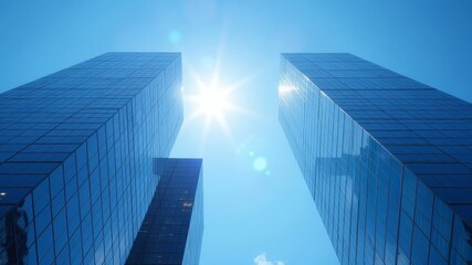 skyscrapers with reflective glass windows against a clear blue sky, sun shining in the background, representing urban architecture.