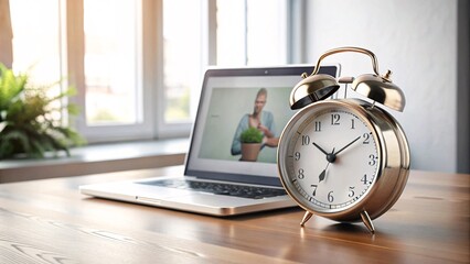 Naklejka premium Bright workspace open laptop, clock, plants, sunny view V2