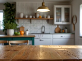 Empty wooden table with the bright white interior of the kitchen as a blurred background behind the bokeh golden sunshine