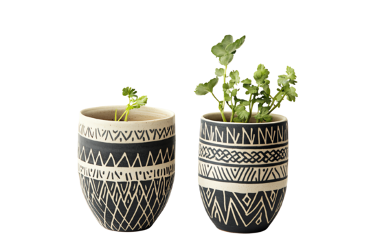 Stylish ceramic pots with patterned designs, featuring fresh green herbs, on a white isolated background.