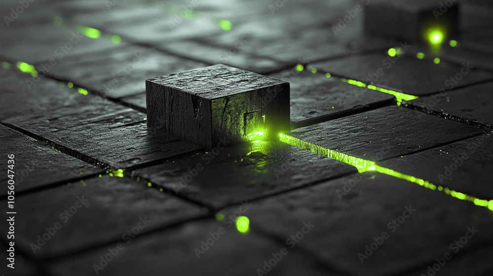 Poster mysterious glowing blocks creating intricate patterns on a dark, textured surface at night