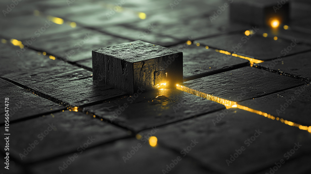 Aufkleber shimmering path of light emerging from dark blocks in a mysterious, futuristic environment