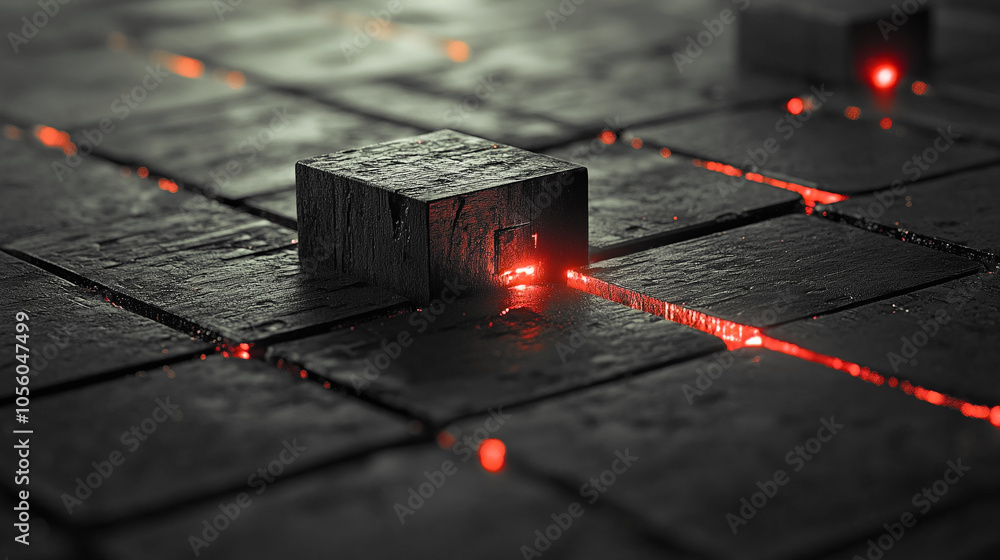 Poster a mesmerizing interplay of light and shadow in an abstract landscape of glowing stone blocks